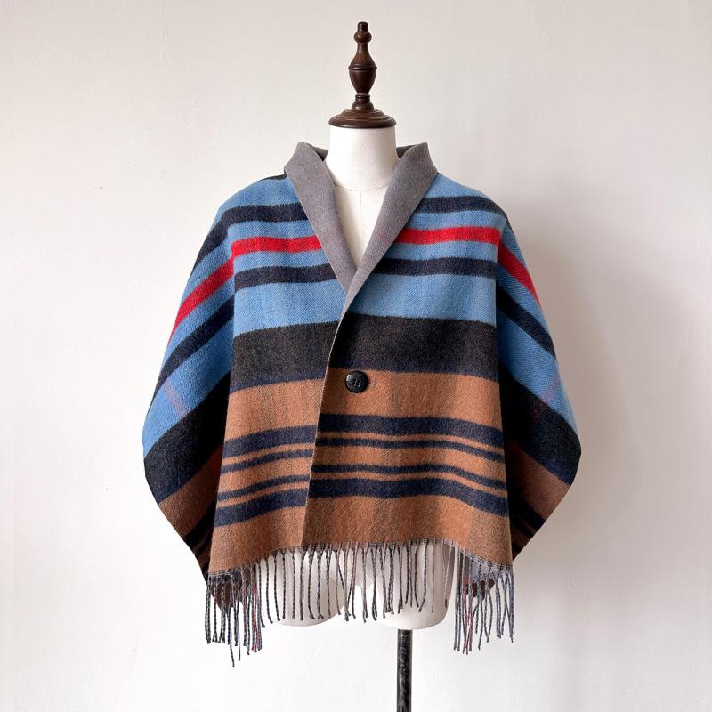 Autumn And Winter New Checkered Scarf Button Cloak Scarf Women'S Winter High End Sensation Imitation Cashmere Red Shawl