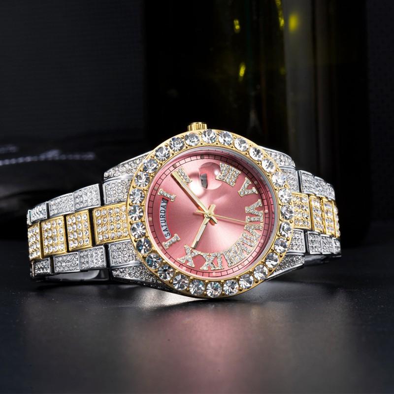 Mens Fashion Quartz Wrist Watch Dual Calendar Pink Dial Rhinestone Accents Luminous 30M Waterproof Stainless Steel Band