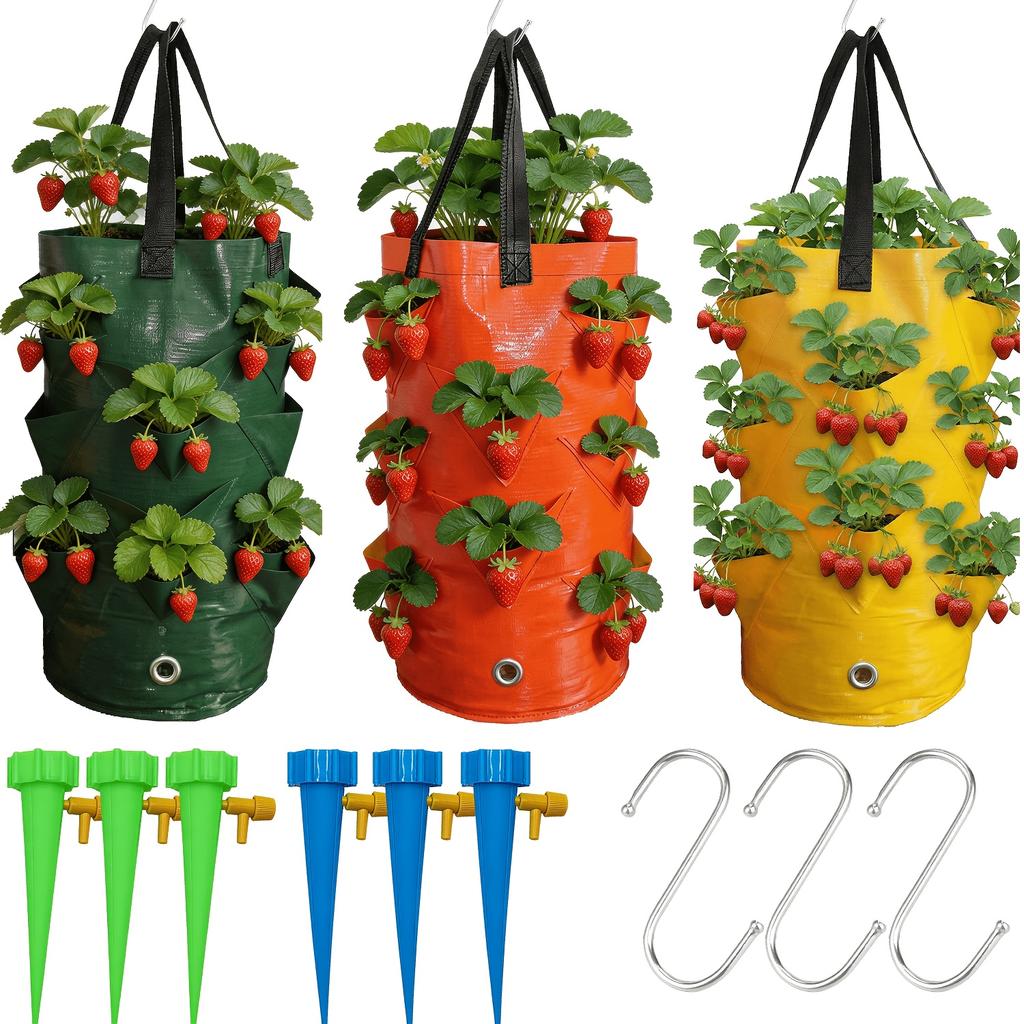 Bolsas de Cultivo para Plantas Colgantes con Asas y Ganchos Colgantes Gotero Automático para Agua Bolsas Colgantes para Fresas con 10 Bolsillos Transpirables