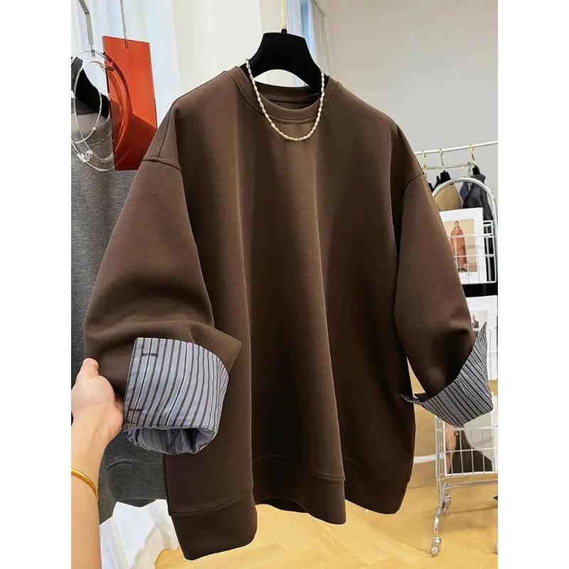 Autumn Winter Women's Pullover Round Neck Hoodie Lazy Style Splicing Design Fake Two Piece Loose Long Sleeve Tops