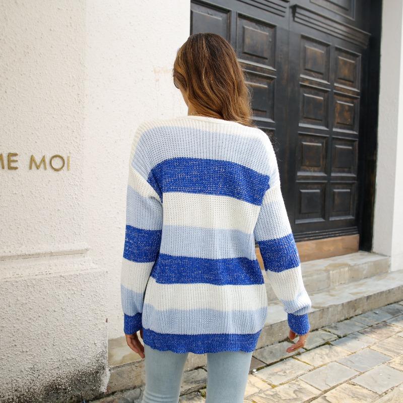 Women S Color Block Striped Pocket Cardigan Sweater Coat