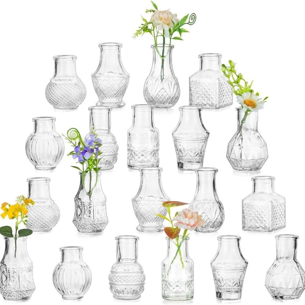 10PCS/SET Retro Relief Mini Glass Vase Crystal Clear European Style Flower Vase Elegant Decorative Small Vase Set Office