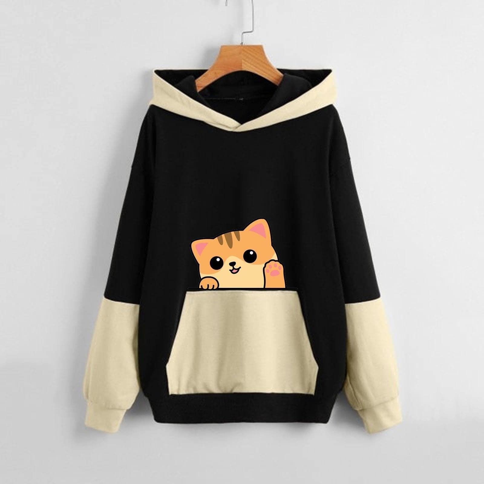 

Женская толстовка с цветными блоками и милым кошачьим принтом, осенняя толстовка с капюшоном L чёрный