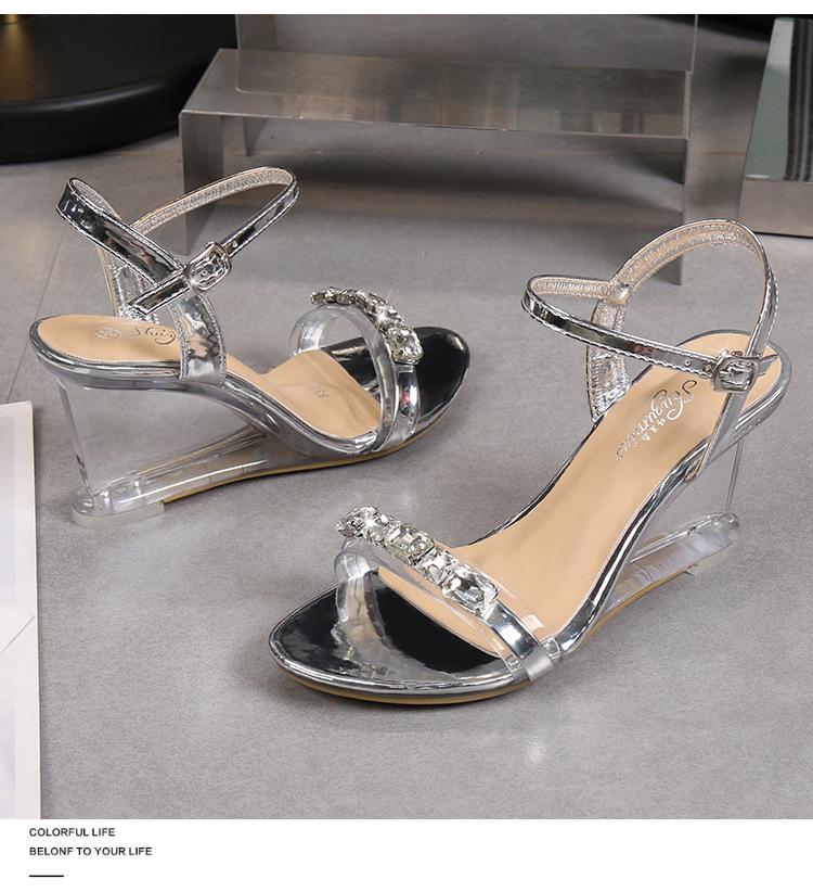 Rhinestone Versatile Slope Dámské letní sexy křišťálové průhledné klínové podpatky řady 1098 6cm LFD