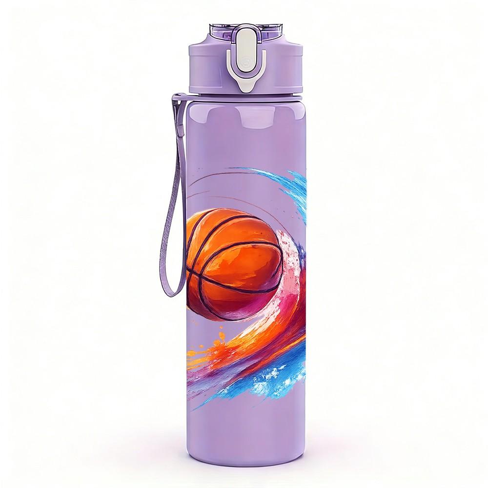 1PC Flame Basketball Pattern 750ml Color Plastic Sports Water Bottle Leakproof Flip Straw Lid Suitable for Sports Office Home Use