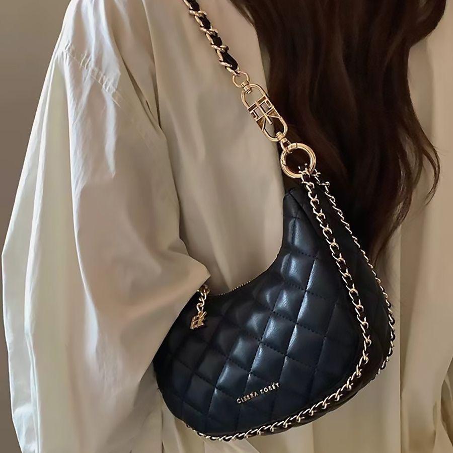 "Thousand Gold Night Crescent Bag, Moon Bag, Black Checkered Chain Bag, Shoulder Bag, Crossbody Bag, Handbag.