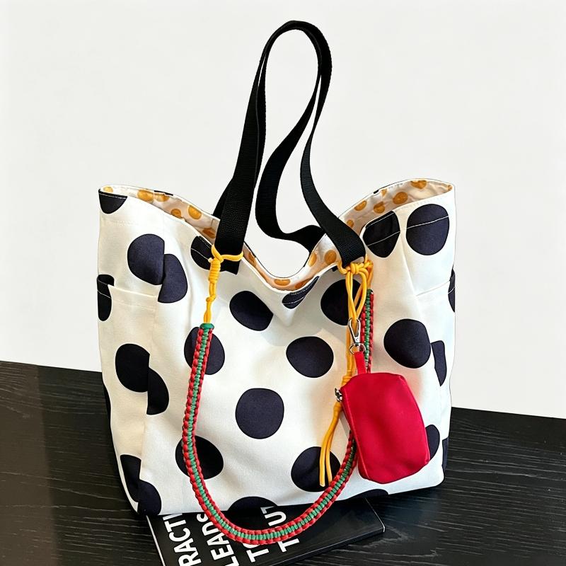 Large Capacity Polka Dot Tote Bag Korean Lazy Style Canvas Shoulder Bag Lightweight Stylish Shopping Handbag Casual Commuter Bag