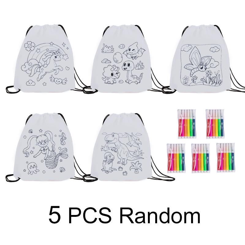 DIY Coloring Goodie Bags with Coloring Markers Party Gift Bags for Kids Toy Storage Bag Eco Non-Woven Fabric Drawstring Bags