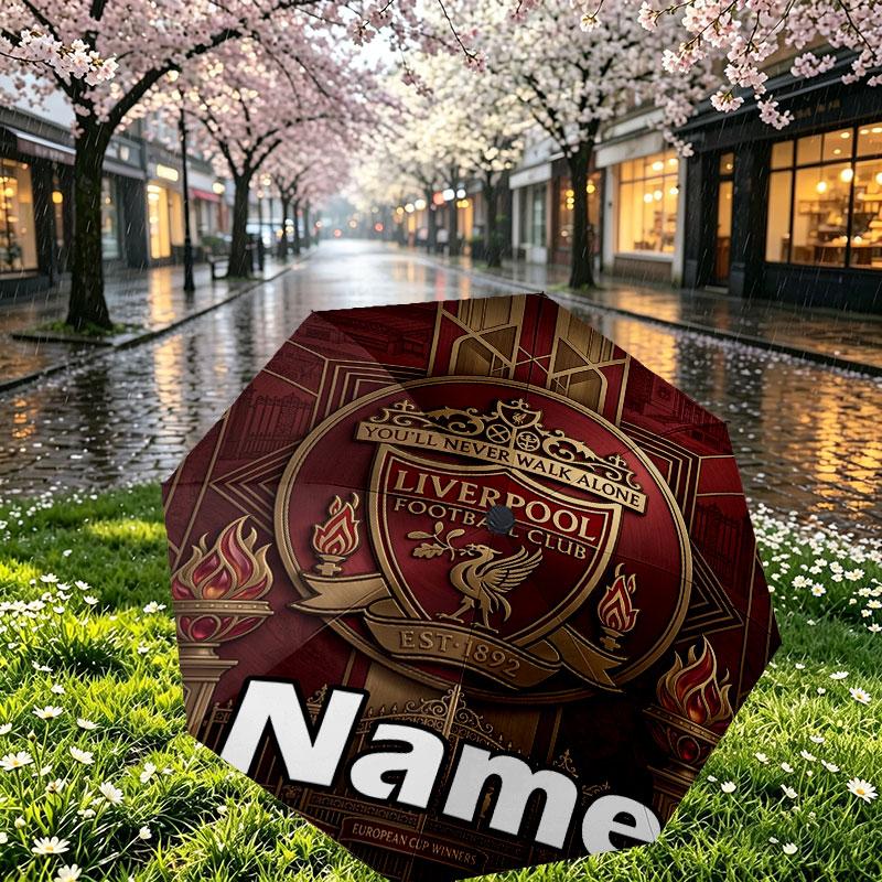 Custom Name Personalized Liverpool Football Club Print Umbrella, Auto Open Close, 8‑Rib Sturdy Frame, Commute Camping Hiking Use, Birthday Gift
