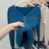 Fashion Plus Velvet Padded Sweater All Match Casual Knit Bottoming Shirt Women Autumn Winter Elegant Slim V-neck Tops