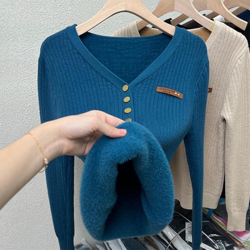 Fashion Plus Velvet Padded Sweater All Match Casual Knit Bottoming Shirt Women Autumn Winter Elegant Slim V-neck Tops