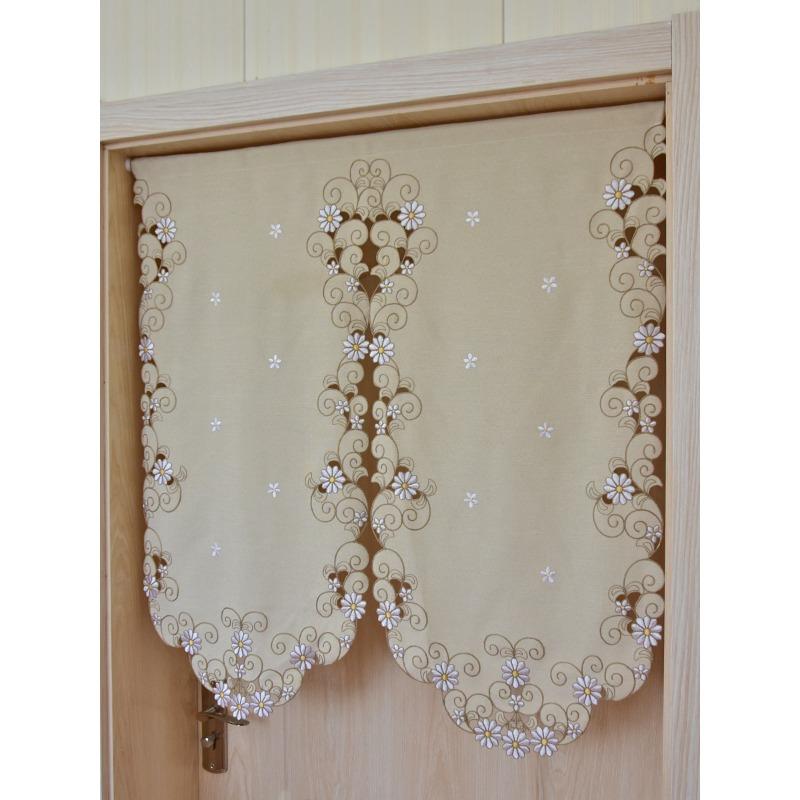 Rideau Court Kaki Clair Tissu Brodé Rideau de Porte Marguerite Rideau Élégant pour Chambre Salon Salle de Bain Cuisine, Sans Tringle, 1 pièce