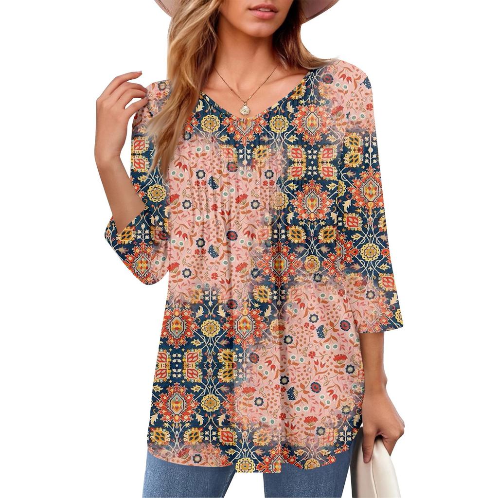 Damen Tops V-Ausschnitt Dreiviertelärmel Gestreift Plissee Casual Sommermode Shirt Tops