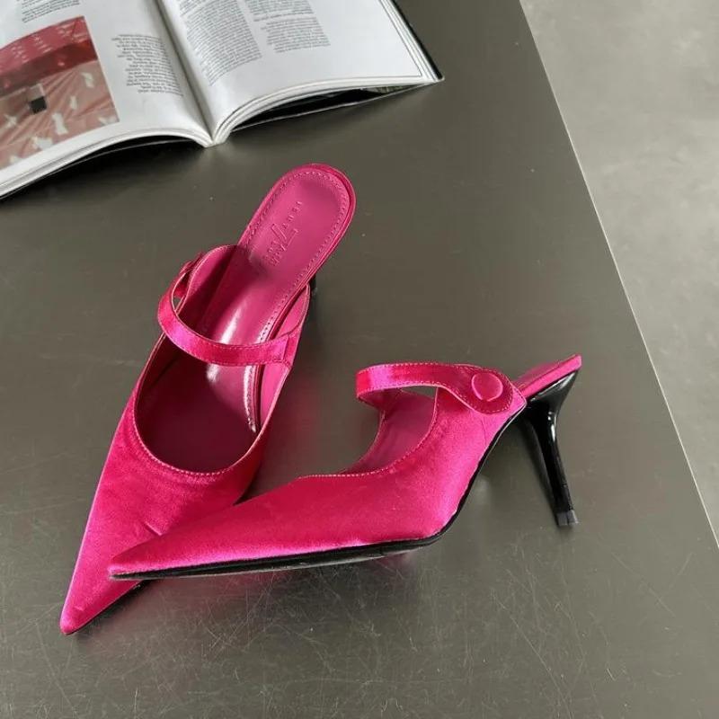 Fashion Hot Selling 2025 Satin Button Pointed Toe Pumps Women Slipper Fashion Shallow Thin High Heels Mule Ladies Shoes Zapatos De Mujer