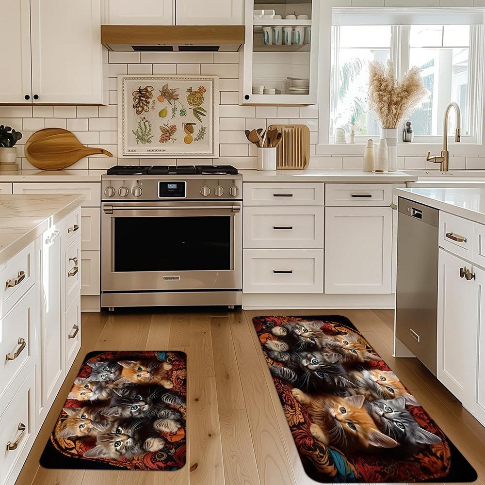 Non-Slip Waterproof Kitchen Mat with Kitten Print - Thick Cushioned Anti-Fatigue Comfort, Heavy Duty, 60cm X 180cm