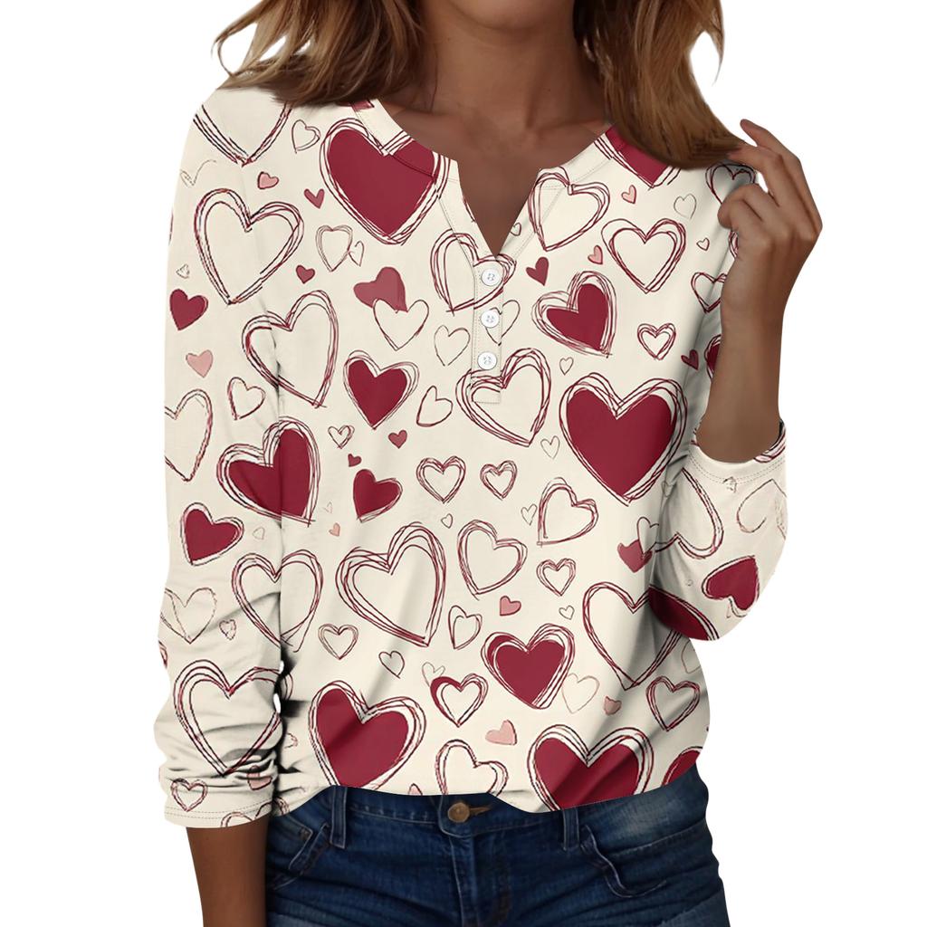 Damen T-Shirt mit Weihnachtsdruck, Knopfleiste, lange Ärmel, für den Alltag, Wochenende, modisch, Basic, V-Ausschnitt, normales Oberteil