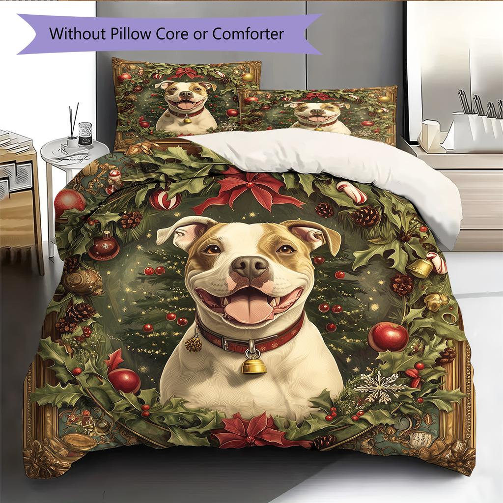 Christmas Pitbull Pattern Bedding Home Decoration Birthday Gift (1 * duvet cover + 2 * pillowcase, without core)