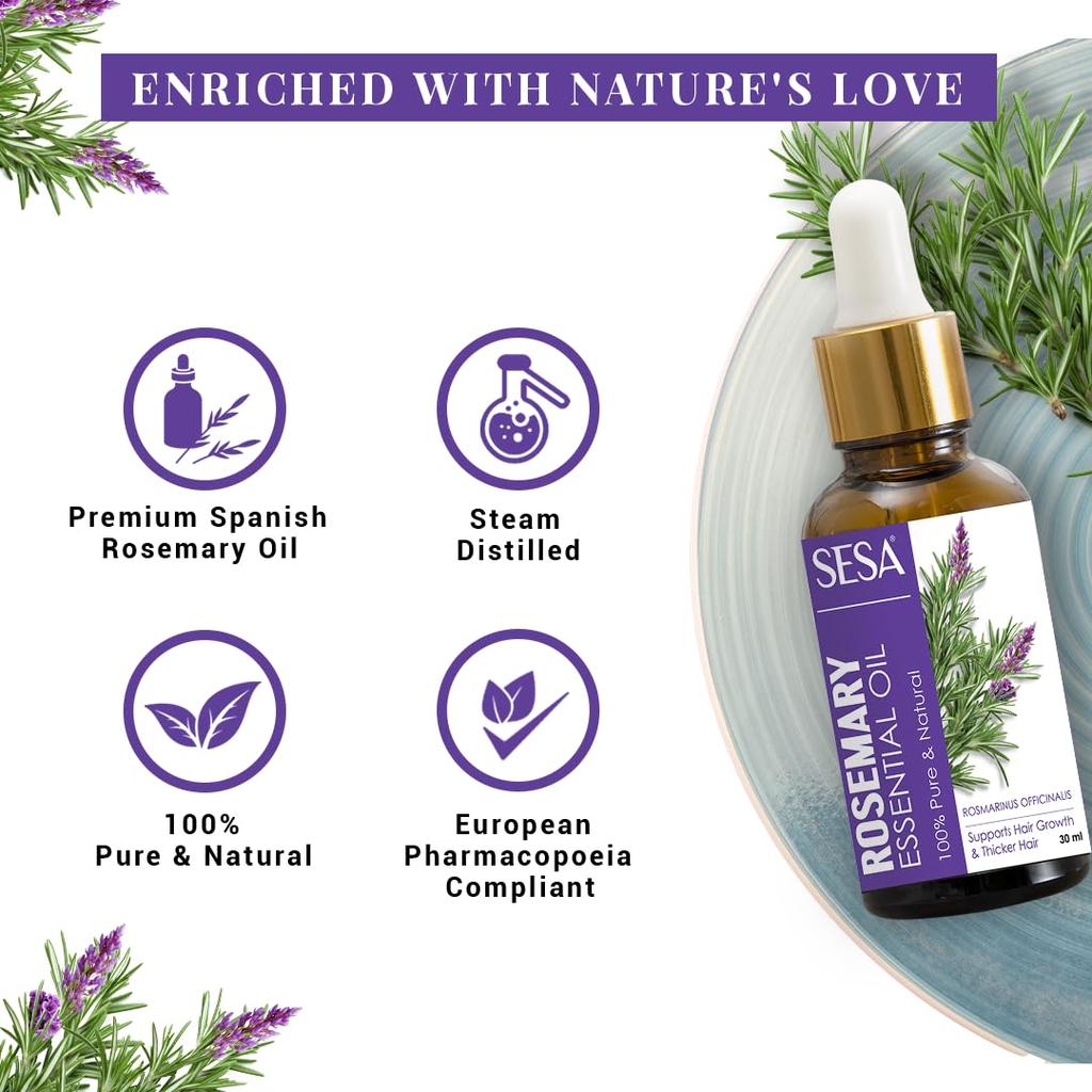 Sesa Rosemary Essential Oil 30ml For Hair Growth & Skin, Natural Hair Fall Control Oil For Men & Women, Pure Aromatherapy Diffuser Oil