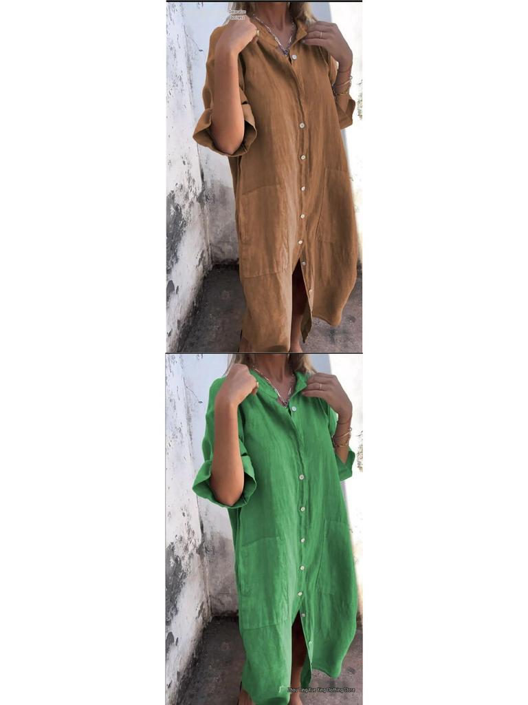 2026 Europäisches & Amerikanisches Frühling/Sommer Lockeres Casual Mittellanges Baumwoll-Leinen Hemdkleid für Damen