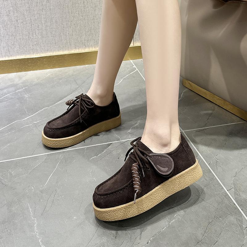 High Quality Suede Leather Loafers Women Round Toe Lace Up Fringe Thick Sole Shoes Casual Comfort Outdoors Flat Walk Shoes Woman