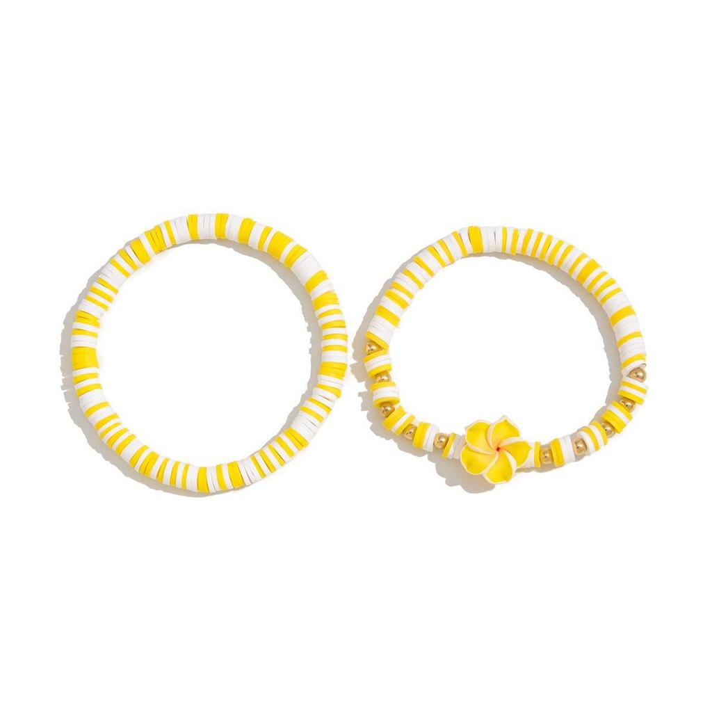 INS Style Bohemian Flower Bracelet Set: Mixed Color Polymer Clay, Elastic, Two-Piece