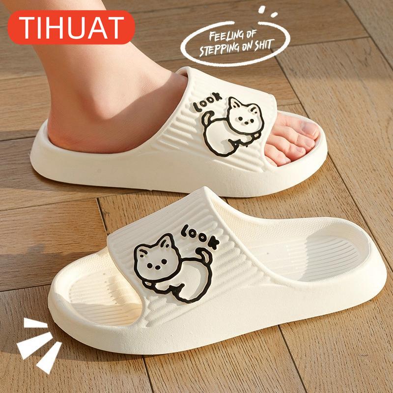 2024 Summer Women Bath Slippers Non-slip Home Thick Platform Cat Pattern Beach Sandals Women Flip Flops Indoor Outdoor