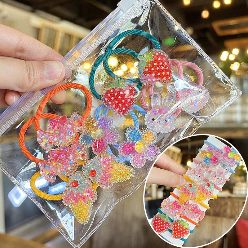 Korean Style Cartoon Hair Tie Set: Cute, High-Elastic Hair Bands for Girls - 5 Colorful Pairs