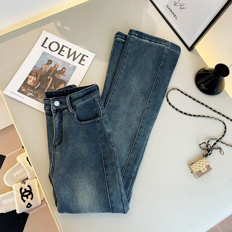 Elastic Women's High-Waisted Micro-Flare Jeans, Patchwork Blue-Gray, Floor-Length Bell Bottom.