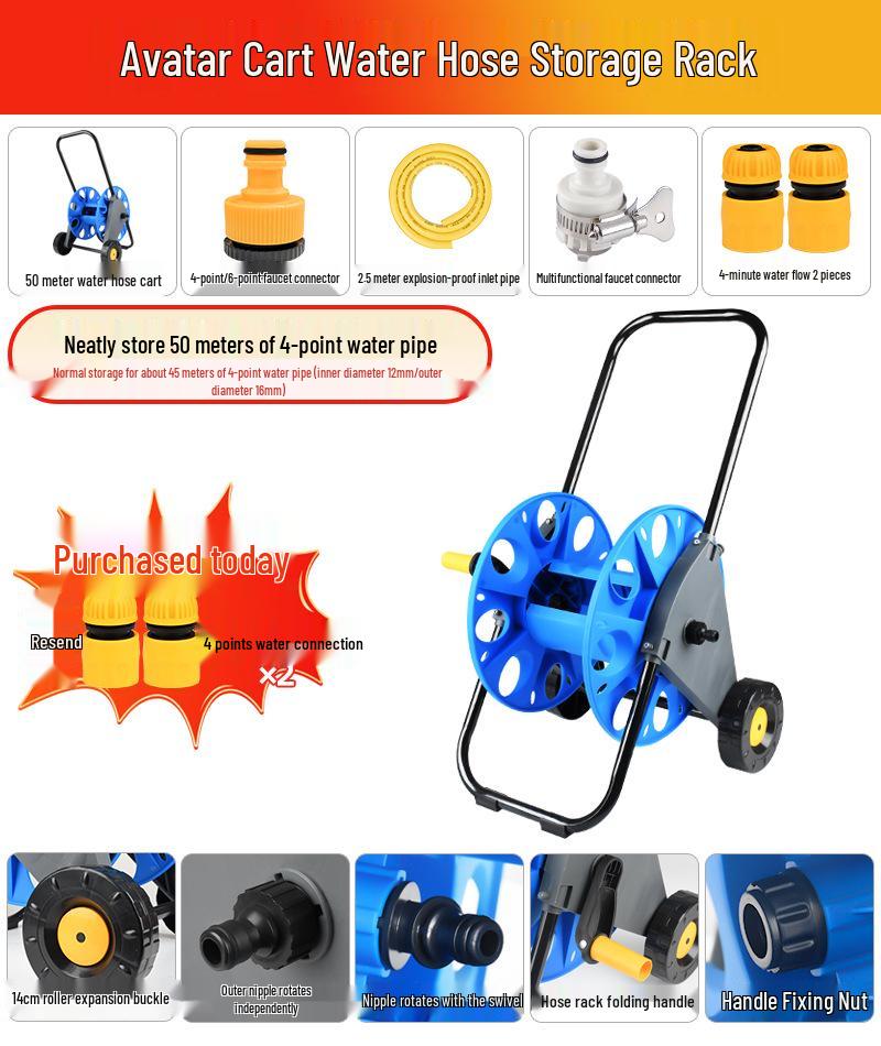 30m Water Hose Reel Cart & Garden Water Gun with 4-Point Storage Rack