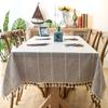 Tassel Tablecloth Pink Cotton Linen Soft Stripe Stain Resistant Dust-Proof Table Cover for Kitchen Dinning Tabletop Decoration