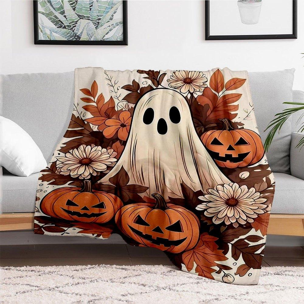 Halloween Ghost and Pumpkins Illustration PrintBlanket Flannel Throw Blanket for Sofa, Bed, Travel, Camping, Office, Couch, Chair