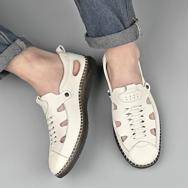 Summer Shoes Men Sandals Genuine Leather Flat Non-slip Holiday Soft Summer Male Footwear Black Beige