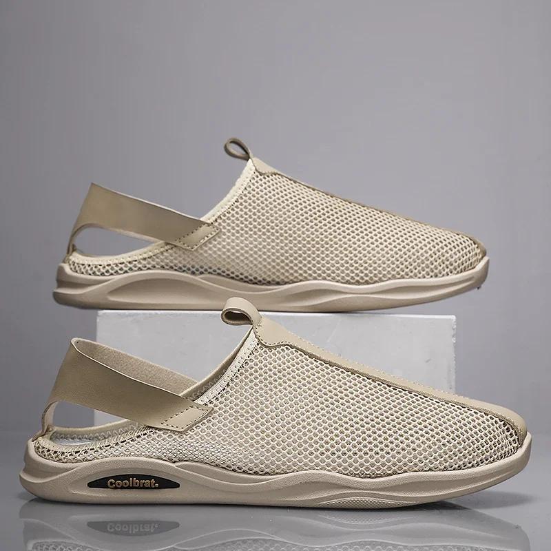 2026 Men's Summer Sandals Comfortable Outdoor Breathable Casual Shoes Beach Shoes Flat Business Soft Mesh Leather Sandals Male