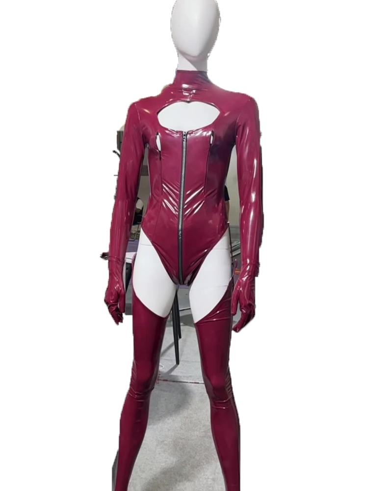 Faux Latex Leather Pvc Bodysuit Nightclub Cosplay Jumpsuit Pu Shiny Punk Tights Sexy Breast Zipper Women'S Leotard With Stocking