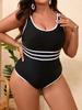 2026 Stylish European & American Plus Size Black & White Stripe Patchwork Slimming Swimsuit