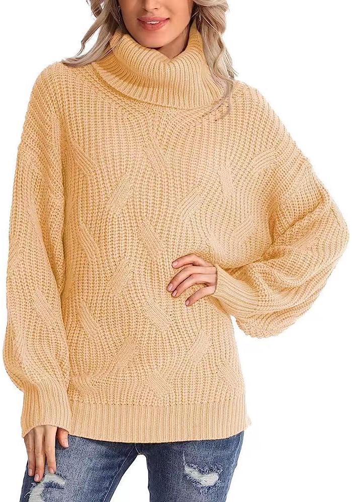 Women's High Neck Cable Knit Pullover Sweater - 2024 Autumn/Winter Collection