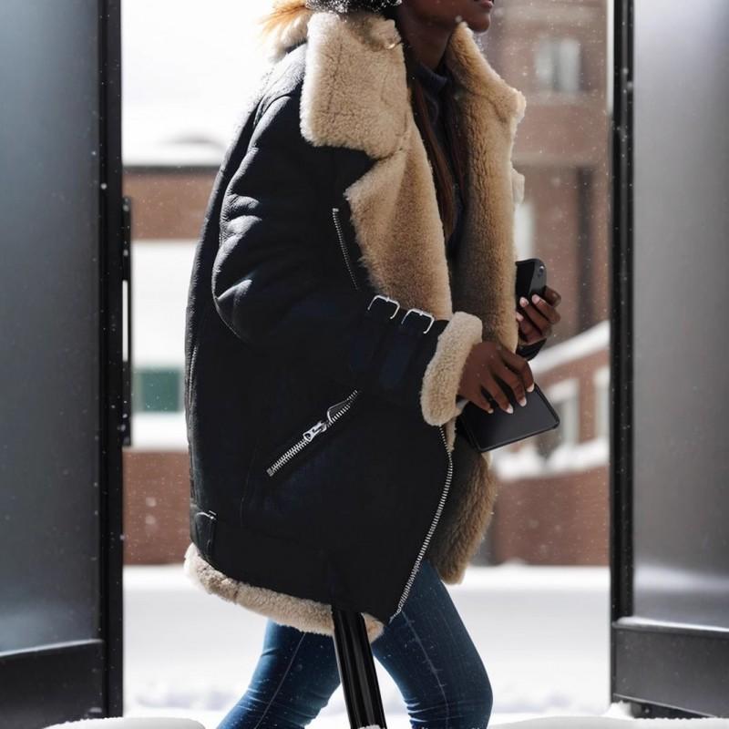 Womens Faux Suede Sherpa Coat Oversized Mid-Length Zip-Up Winter Jacket Street Style