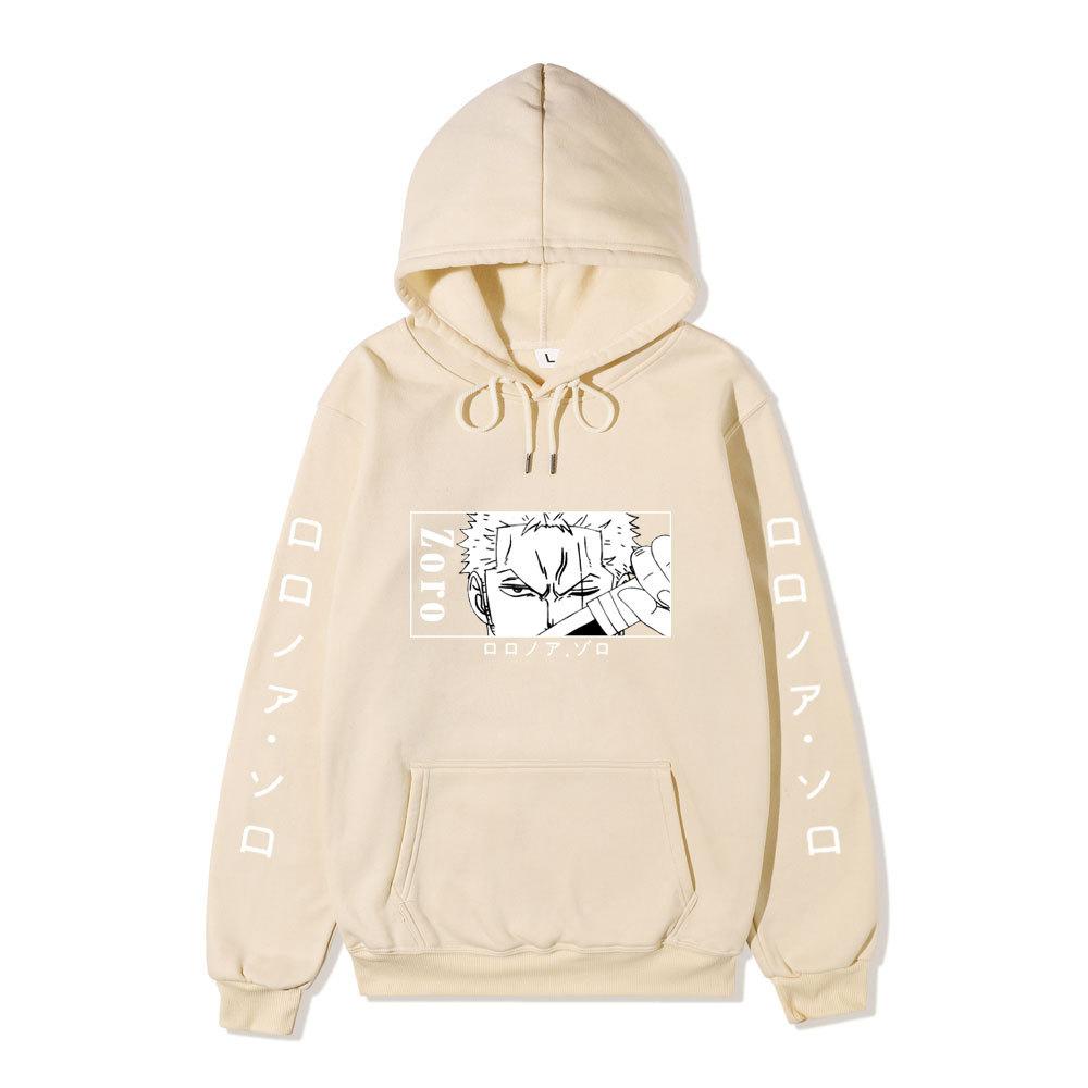One Piece Hoodie, Roronoa Zoro Manga Graphic Japanese Letter Sleeve Print Pullover Sweatshirt Unisex Streetwear