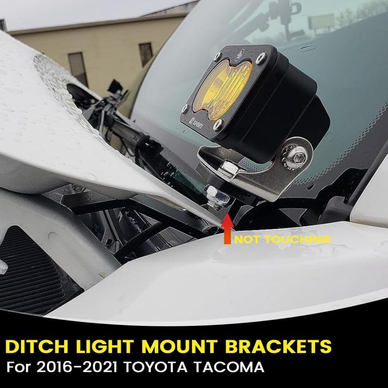 Hood Hinge Ditch Light Mount Brackets for Toyota Tacoma 2016-2021 3rd Gen Black Auxiliary Offroad Pod Work Light Mounting Kit