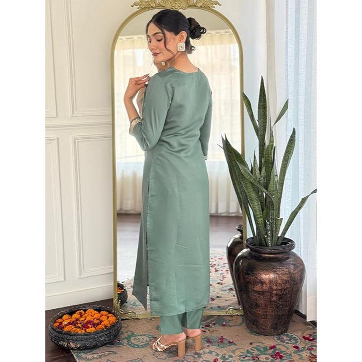 Damen Rayon Bestickter Gerader Kurta mit Hose und Dupatta Sets (Erhältlich in Übergröße)