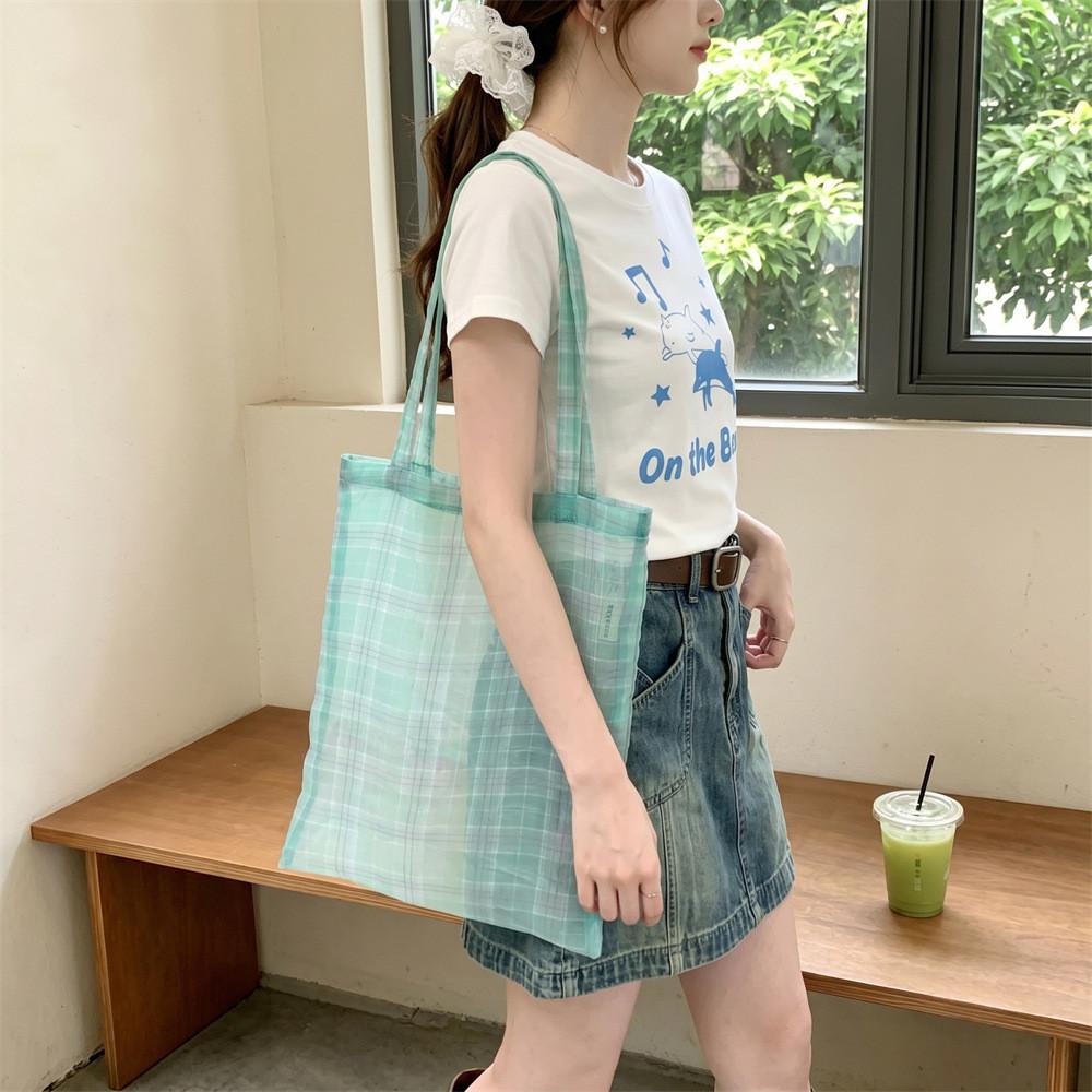 Macaron Plaid Fabric Tote Bag With Open Top For Casual Summer Outings