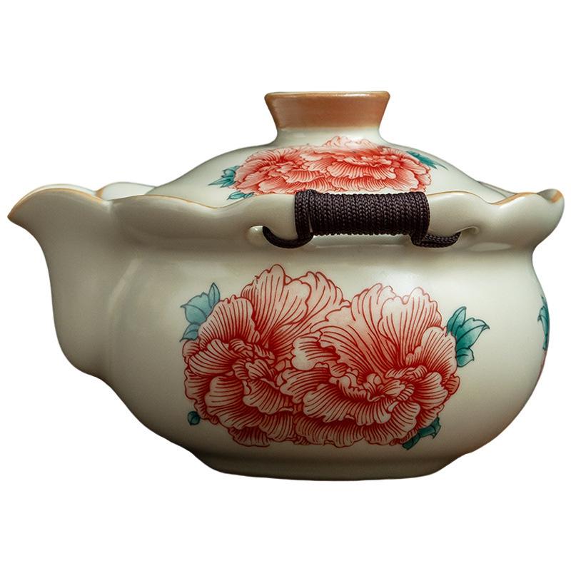 Large Ceramic Peony Teapot with Hand-Grip - Anti-Scald Kung Fu Tea Set for Household