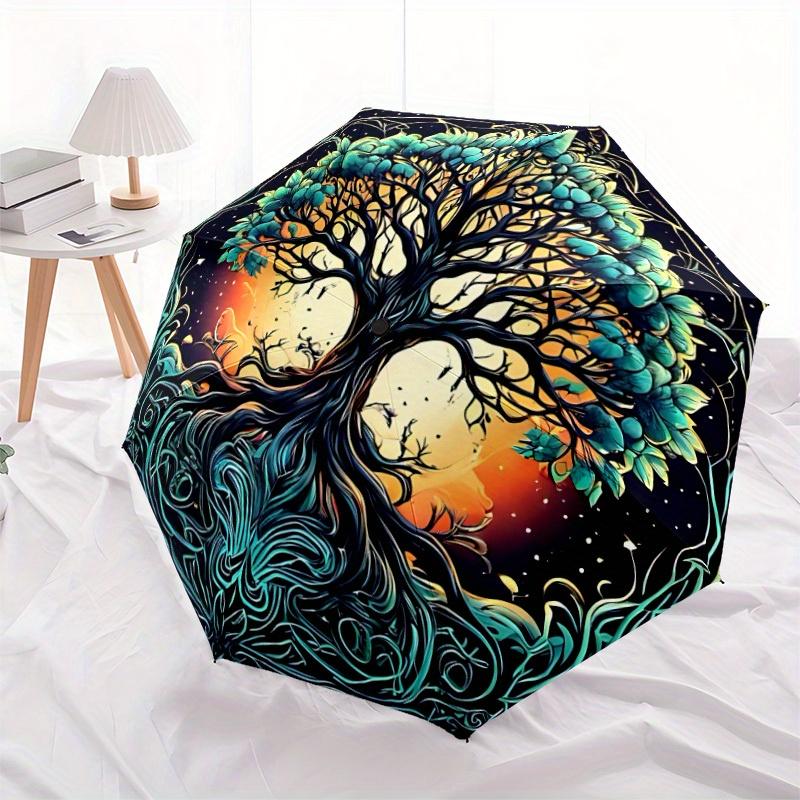 1pc Tree of Life Automatic Folding Umbrella, 8-Rib Sturdy Canopy, Portable Travel Umbrella for Outdoor Use
