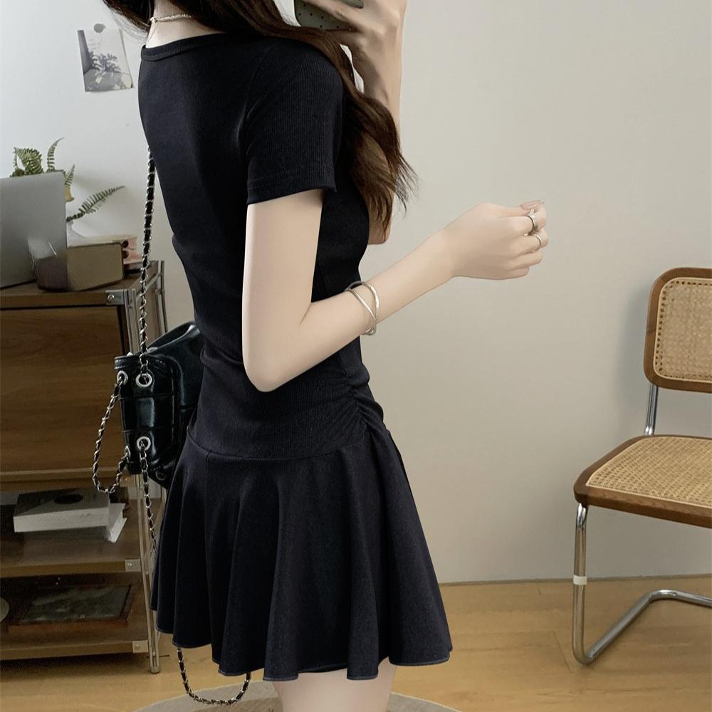 Summer Grey Slim Short Sleeve Mini Dress+shorts Women's Waist Cinched Pleated Elasticity A-line Short Skirt Young Girl Dresses