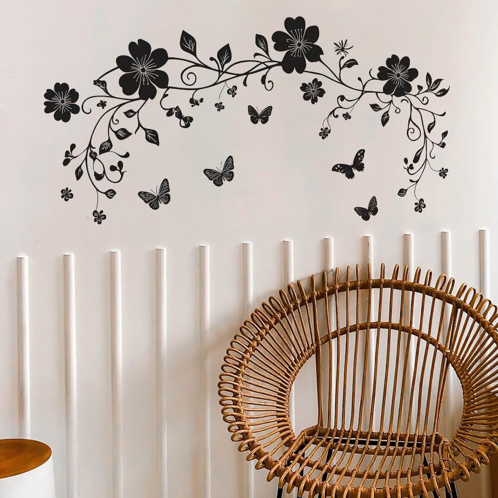 Svart Blommande Rankor och Fjärilar Väggdekal Självhäftande Avtagbar för Sovrum Vardagsrum Bakgrund Heminredning