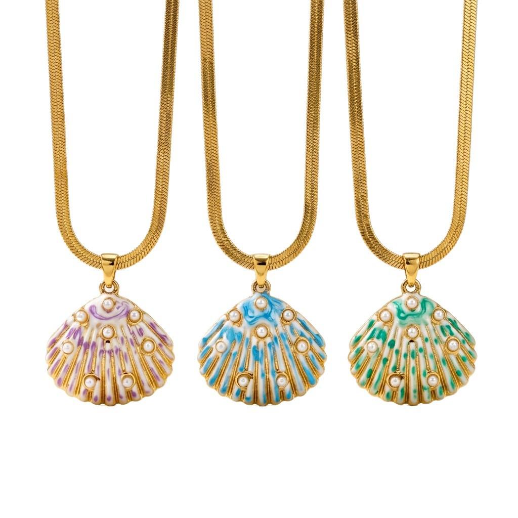 Colorful Oil-splashed Shell Pendant, Ocean-themed, 18K Gold Plated Chain, High-end Necklace