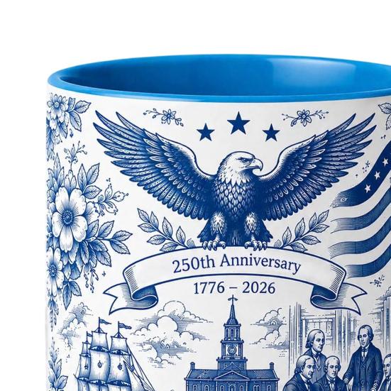 Yousheng USA 250th Anniversary Blue Mug, Patriotic Ceramic Coffee Cup with Eagle Flag Design, Independence Day Gift for Veterans Men Women