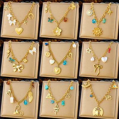 Vintage Multi Element Heart Bow Shell Cherry Cross Eye Chain Necklace