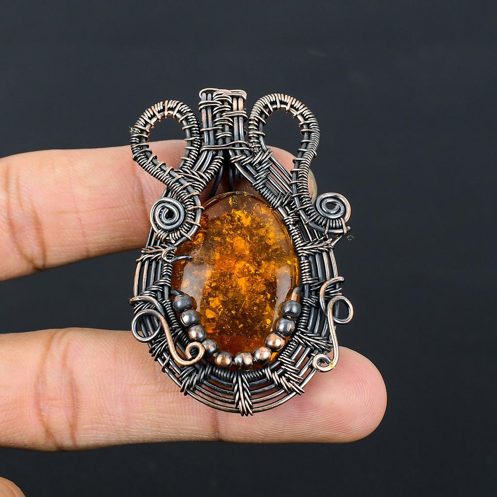 Natural Baltic Amber Gemstone Handmade Copper Wire Wrap Pendant 2.36" l2O86
