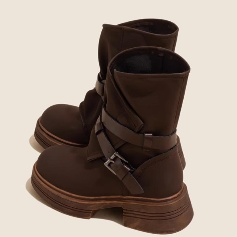 New Autumn and Winter Warm Leather Side Zipper Thick Sole Boots High Street Style Women Vintage Fashion Short Boots